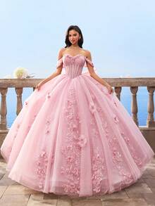 HEARBOBO Giáng sinh dễ thương 3D ren hoa thêu nơ phóng đại sang trọng váy dạ hội thanh lịch cho phụ nữ, váy cưới cổ tích cô dâu, váy dự tiệc - Hồng - Xem 10