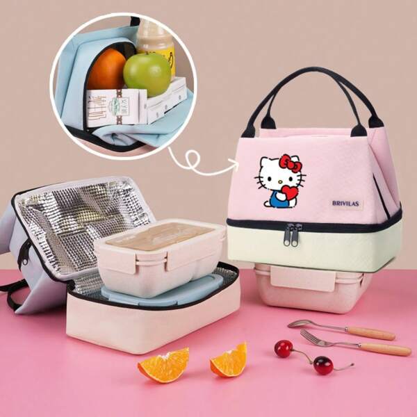 1 Stück Hello Kitty isolierte Lunch-Tasche, tragbare Oxford-Stoff Umhängetasche mit Aluminiumfolie, leichtgewichtig, lässiger Stil mit Griff für Büro, Schule, Picknick, Strand Grundbedarf