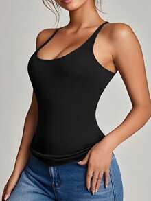 1pc Backless Casual Minimalist Sleeveless Loose Long Tank Top With Deep V Neckline - Black - View 5