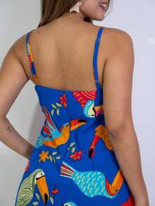 Short Printed Dress With Back Zipper - Teal Blue - View 5