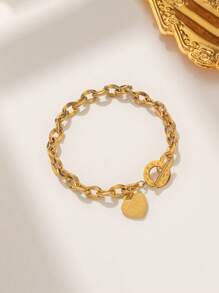 1pc Women's Stainless Steel Heart Engraved Titanium Chain Bracelet With Toggle Clasp For Daily Wear & Date Night Gifts