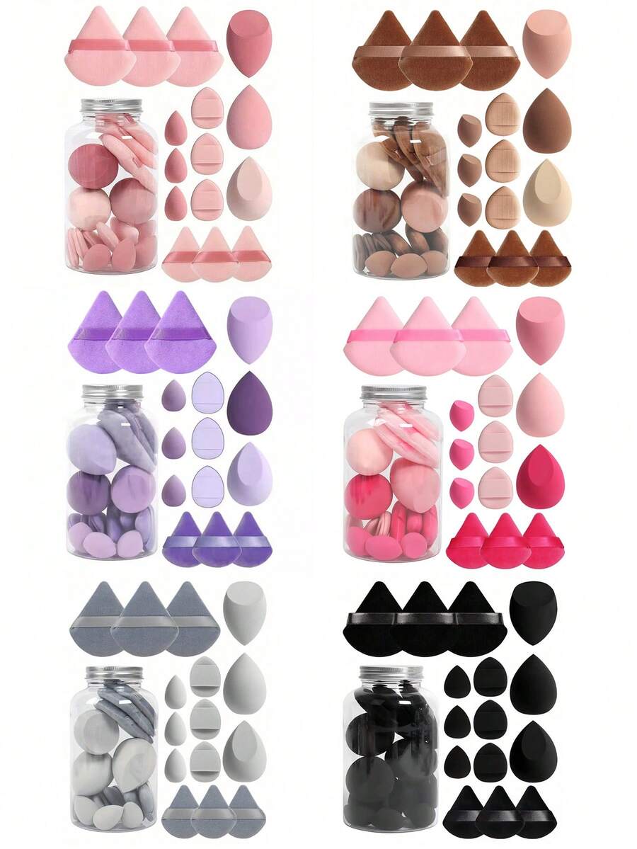 15件套化妆海绵套装，带收纳盒，包含3个大号化妆海绵、3个迷你化妆海绵、3个大号粉扑、3个迷你粉扑和3个迷你指套粉扑。适用于化妆，价格实惠，也可用于房间装饰、梳妆台、旅行、卧室等场合。一套完整的化妆配件，包含粉扑、化妆海绵和化妆海绵。价格亲民，适合作为圣诞礼物或圣诞袜填充物。