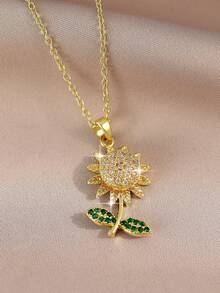 1 pieza Collar con dije de girasol dorado y cubic zirconia para madre e hija, flor tridimensional casual, regalo para mujer para fiestas, diario, viajes
