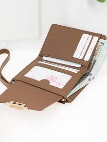 女士短款拼色钱包，时尚豹纹和木纹多功能卡包，别致按扣开合大容量拉链零钱包，适合年轻学生，节日便捷礼物 - 棕色 - 查看 4