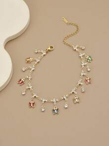 1 chiếc vòng chân bằng thép không gỉ hai lớp đính đá lấp lánh nhiều màu sắc sang trọng dành cho nữ, thích hợp cho mùa xuân và mùa hè - Vàng - Xem 5