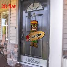 1 Señal de bar de estilo tiki hecha a mano de madera - Estatua tropical tiki y colgante de tabla de surf con orquídea colorida, decoración de estilo bohemio, adecuada para terrazas, jardines, fiestas de verano y decoraciones con temática hawaiana y luau