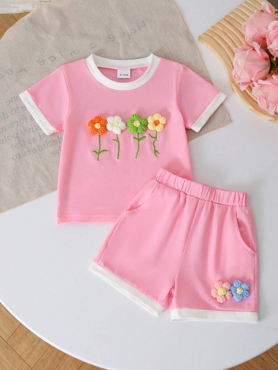Conjunto de 2 piezas de blusa de manga corta con flores de ganchillo rosa y shorts para niñas de 1 a 4 años, para verano - Rosa - Ver 1
