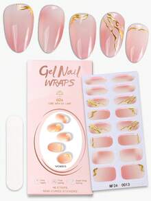 16片粉色半固化凝胶美甲贴，春夏渐变金箔铬色自粘凝胶美甲全贴，持久14天，需配合UV灯使用，快速美甲贴纸，适合女性音乐节DIY美甲 - 粉色 - 查看 2