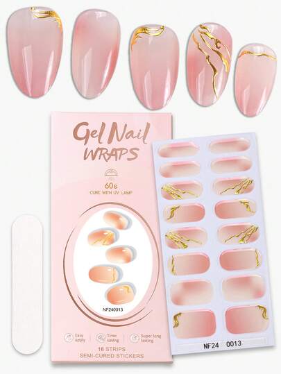 16片粉色半固化凝胶美甲贴，春夏渐变金箔铬色自粘凝胶美甲全贴，持久14天，需配合UV灯使用，快速美甲贴纸，适合女性音乐节DIY美甲