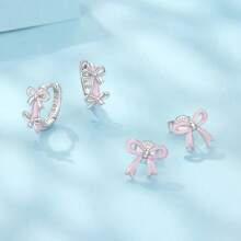 WOSTU 1 PC 925 Sterling Silver Pink Bow Stud Earrings Enamel Process Cute Hoop Earrings Stacked For Women Girl Original Fine Jewelry Gift