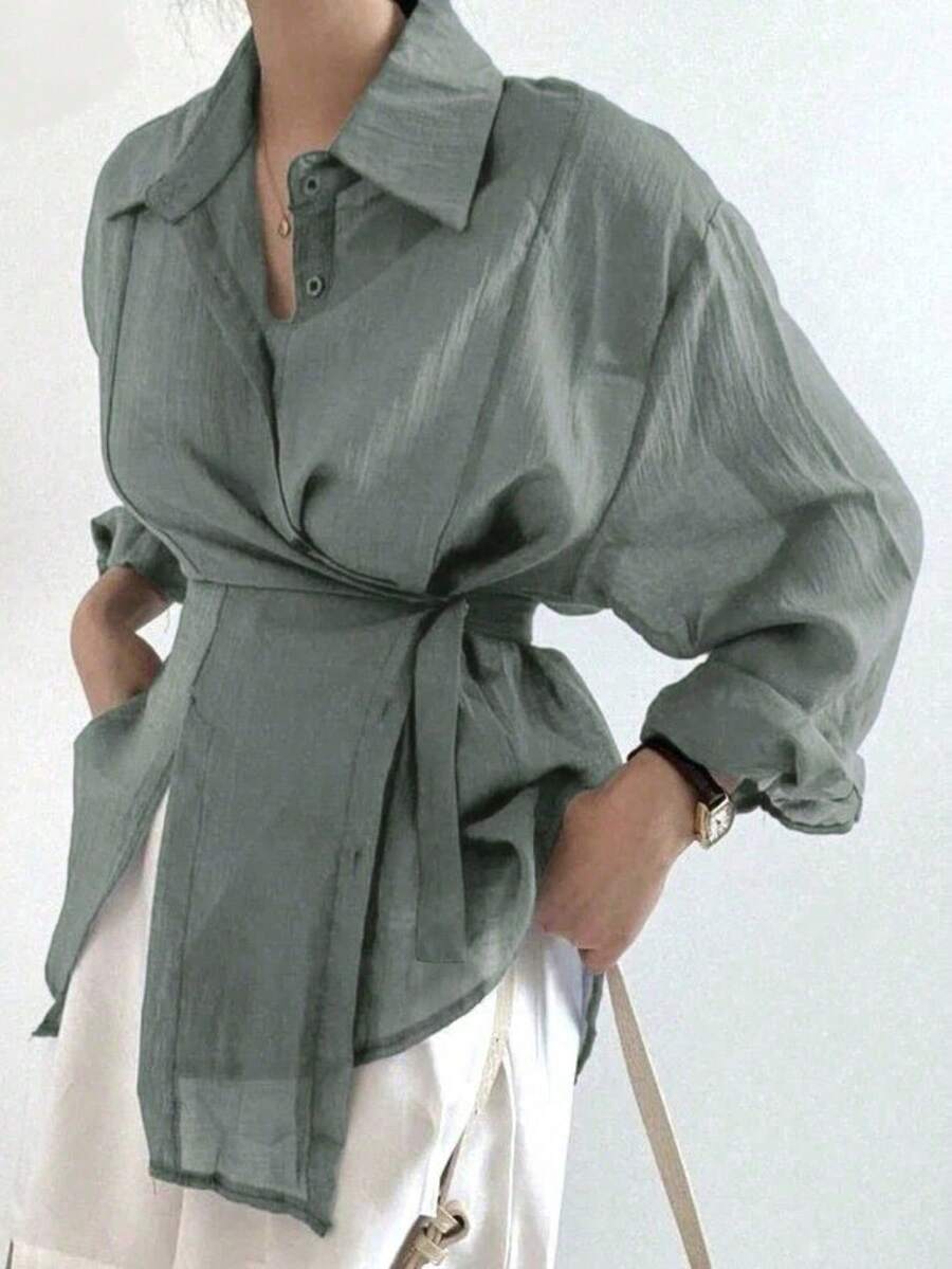 Women's Casual Minimalist Solid Color Off-Shoulder Loose Wrap Tie Front Shirt, Suitable For Spring And Autumn - Green - View 1