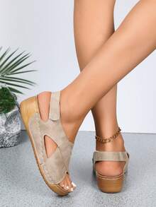 Plus Size Women Fashion Comfortable Lace-Up Wedge Sandals - Khaki - View 3