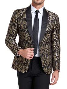 Sacou bărbătesc cu guler șal și model floral din caju, cu un singur nasture, auriu, mărimea XS-XXXL