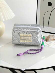 1 件可爱绗缝化妆包带手柄化妆刷收纳袋心形化妆包带绳吊坠多功能学生文具包化妆品收纳袋