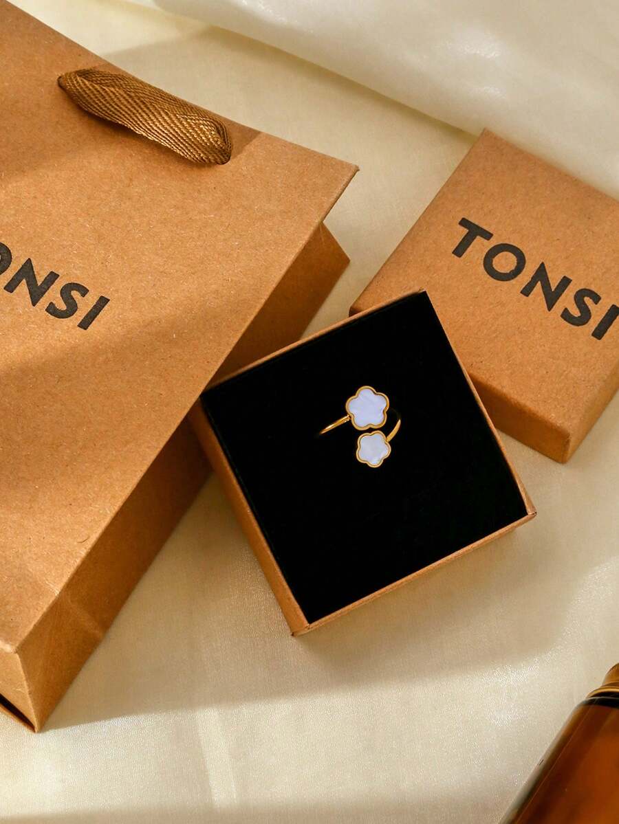 TONSI 1 chiếc nhẫn đơn hình vỏ sò bằng thép không gỉ mạ vàng 18K kiểu Hàn Quốc thanh lịch và quyến rũ, thích hợp làm quà tặng tốt nghiệp/lễ hội, kèm hộp quà trang sức dành cho nữ. - Hộp quà tặng nhẫn - Xem 1