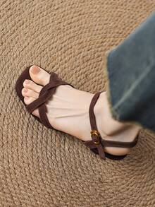 Women's Chunky Heel Strap Buckle Open Toe Brown Sandals, Mid-Heel Square Toe Faux Suede Chic Versatile Lady Sandals,Kitten Heels