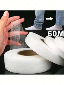 1/2 卷 60 米熨烫式卷边胶带、双面粘合衬、热熔织物粘合网、不含用于服装的无纺布热熔胶布、薄胶网膜底部卷边胶带、非常适合粘合和工艺项目、无纺布装饰带、白色双面 DIY 胶带（用于缝纫用品）