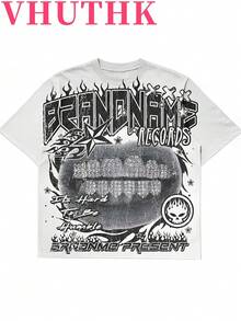 VHUTHK (180 Pure Cotton T-Shirt) Printed With The Letters' BRANDNAME 'and Lip Print, Casual Pure Cotton Print For Men's Summer Round Neck Short Sleeves - 白色 - 查看 1