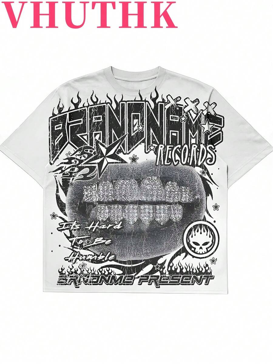 VHUTHK (180 Pure Cotton T-Shirt) Printed With The Letters' BRANDNAME 'and Lip Print, Casual Pure Cotton Print For Men's Summer Round Neck Short Sleeves - 白色 - 查看 1