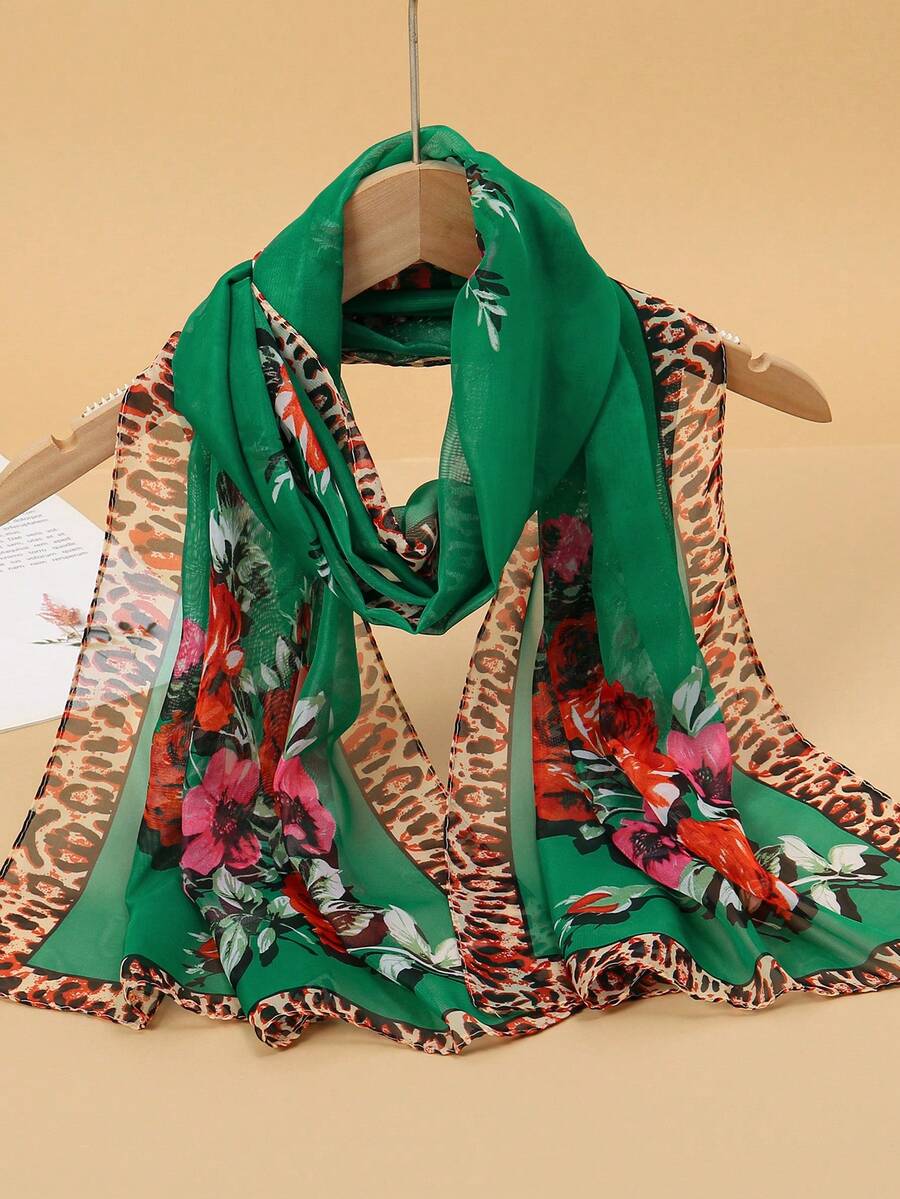 1 pieza Pañuelo de mujer de gasa ligera con estampado de paisley y leopardo, elegante chal protector solar de bufanda larga para uso diario, primavera/verano, adecuado para el Día Nacional de Arabia Saudita, verde, playa, vacaciones - Verde - Ver 1