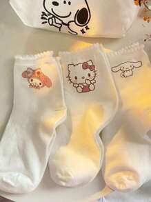 Sanrio 3Pairs Sanrio Women's Mid-Calf Socks | Kawaii Trio Collection (Hello Kitty/My Melody/Cinnamoroll) Elastic Ribbed Cuff & Breathable Fit