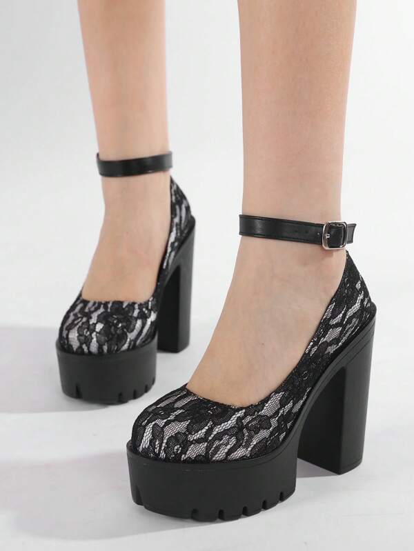 Gdgydh Sapatos de casamento brancos Gdgydh, saltos altos, Mary Janes para mulheres, da moda, com renda, tira no tornozelo, à prova d'água, plataforma, sapatos sociais de salto alto, fivela ajustável