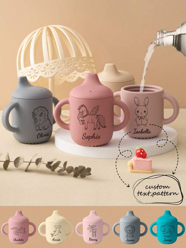 1PC Personalized Customization Name Pattern Silicone Baby Sippy Cup Print On Demand Baby Cups Custom Water Bottle Leakproof Baby Bottles Baby Tableware