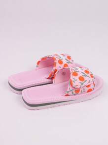 Women's Summer Fruit Print Slip-On Sandals - Comfortable Beach And Casual Flat Slides, Adjustable Strap, Breathable Fabric Upper, EVA Sole, Suitable For Indoor/Outdoor Use