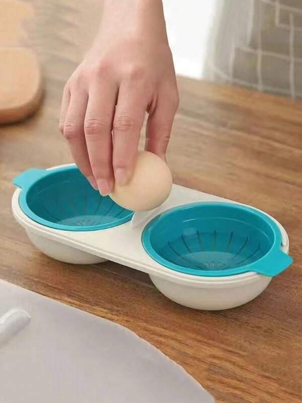 1pc Double Cup Microwave Egg Cooker, With Transparent Lid, Blue Accents - ABS Kitchen Gadget, Perfect Egg Boiling, Food Safety Materials, Microwave Egg Cooker