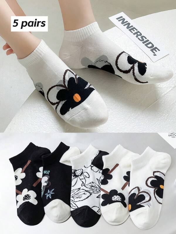 3 Pairs/5 Pairs Women Cotton Ankle Socks, Thin & Breathable For Spring/Summer,Creative Floral Pattern,Moisture Wicking, Suitable For Casual Everyday Wear & Fashionable Outfits