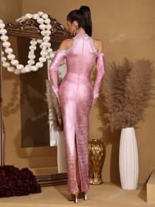 Modphy Nuevo vestido largo de diseño de perlas de industria pesada de lujo ligero con diseño de capa rosa para mujer. Vestido largo ajustado de manga larga con cuello alto pequeño y hombros descubiertos. Vestido de dama de honor formal para invitados de boda, fiesta conmemorativa o cena formal