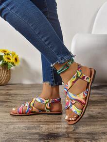 多色系带平底女式休闲凉鞋，时尚百搭户外凉鞋