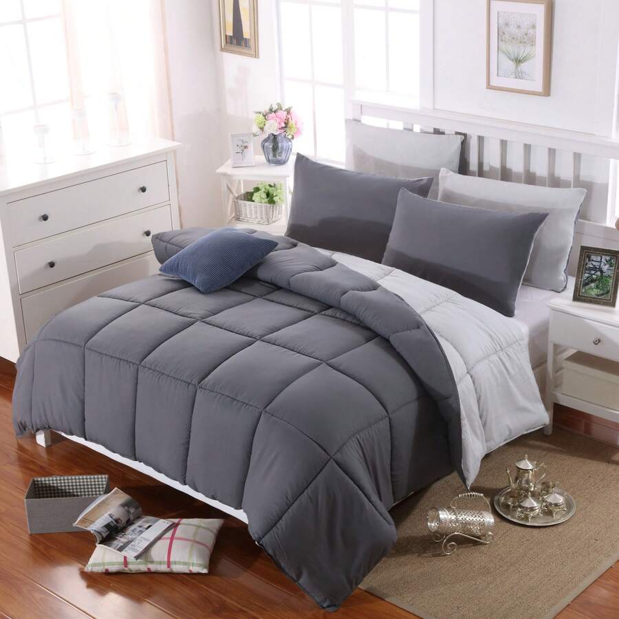 mohap. MOHAP Couette Bicolore 4 Saisons Chaude l'hiver Hypoallergénique Toutes Saisons Couette de Lit Réversible 2 Personnes Edredon - Gris Foncé + Gris Clair - Voir 1