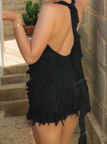 Vestido corto ajustado sexy y vaporoso con espalda descubierta y cuello en V con amarre, ideal para playa y vacaciones de verano