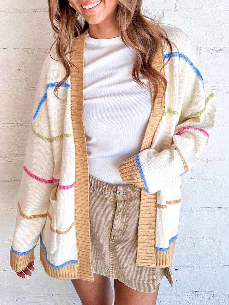 Acelitt Cardigan ample décontracté sans bouton, patchwork de rayures multicolores pour l'automne et l'hiver - Blanc - Voir 1
