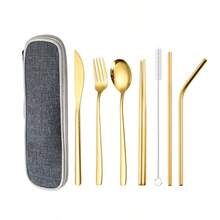 Bộ dao nĩa bằng thép không gỉ, bộ dụng cụ ăn bít tết kiểu Hàn Quốc bao gồm đũa và ống hút, tiện lợi mang theo khi đi du lịch ngoài trời và dành cho học sinh. - Nhiều màu - Xem 9