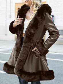 女式 PU 夹克，配有人造毛皮衬里、兜帽和腰带 - 秋冬时尚 - 巧克力棕 - 查看 8
