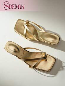 夏季新款女士纯色拖鞋，优雅度假鞋，休闲沙滩高跟凉鞋，时尚一脚蹬高跟鞋，适合正装 - 金色 - 查看 4