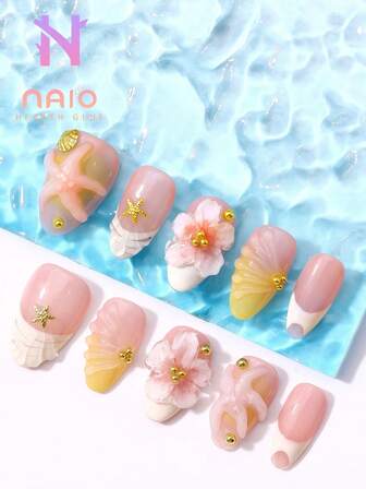 10 件/套短指甲杏仁形状优雅奶油贝壳条纹法式晕染设计手工假指甲带 3D 浮雕花朵、浮雕海星、海滩必备品、夏季按压式指甲贴片、短杏仁形状，适合日常使用、海滩、派对、礼物 - 随机包装按压式指甲指甲用品指甲