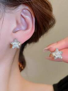 Khuyên tai hình ngôi sao đính đá lấp lánh đang thịnh hành, khuyên tai sang trọng tối giản độc đáo, khuyên tai thời trang đa năng. - bạc - Xem 6