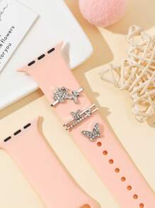 Lot de 3 clous décoratifs papillon argentés avec zircone et diamant pour bracelet de montre Apple en silicone (38/40/41/42/44/45/49 mm), compatibles avec les bracelets iWatch 9/8/7/6/5/4/3/2/1/SE. Bijoux décoratifs pour femmes.