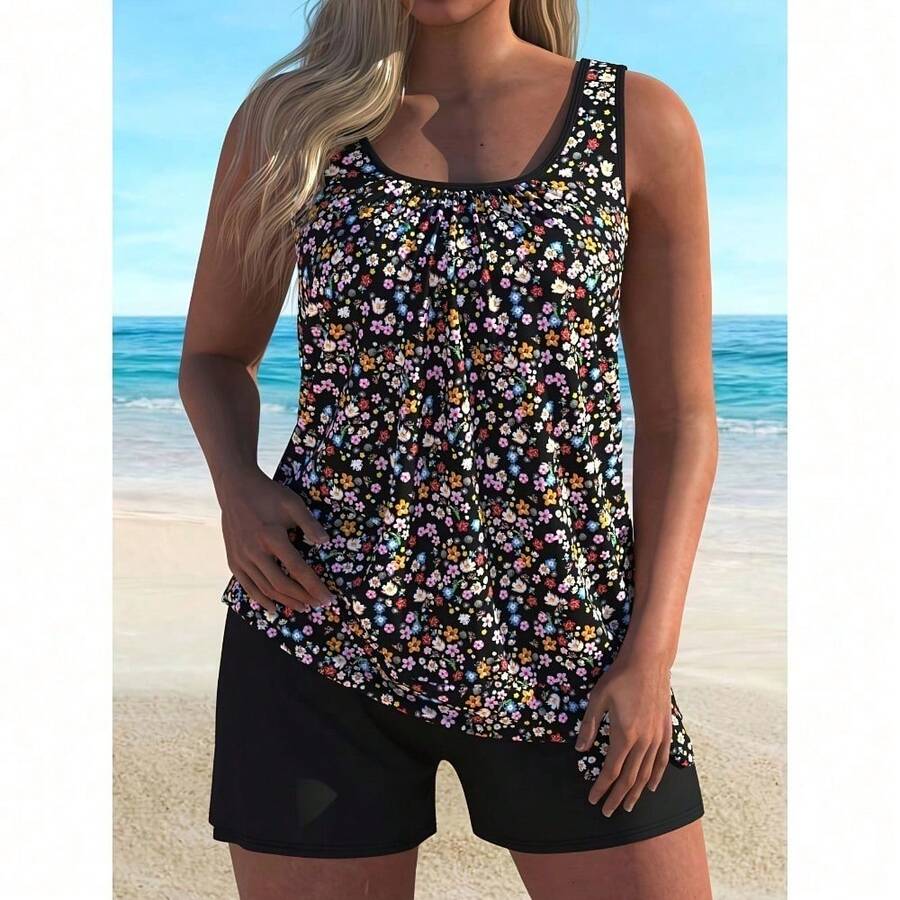 Summer Floral Two-Piece Swimsuit – Soft Tank Top & Shorts Combo - 黑色 - 查看 1