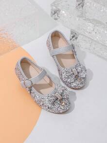 女童金色亮片高跟鞋 26-36码 | 闪亮玛丽珍派对鞋，饰有花朵和搭扣 | 适合选美比赛、花童、圣诞节和特殊场合的优雅高跟鞋