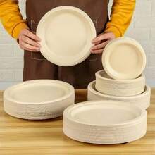100/50个纸盘，日常使用沙拉盘，蛋糕盘，烧烤盘，微波炉适用，适用于婚礼，家庭聚会，自助餐，夏季泳池派对，生日派对，返校，可堆肥甘蔗纸盘，一次性盘子
