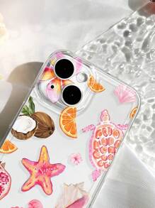 1 pieza Funda de teléfono suave y transparente con diseño de tortuga, estrella de mar y flor de hibisco de tema oceánico, antideslizante, apta para 11/12/13/14/15/16 Pro Max