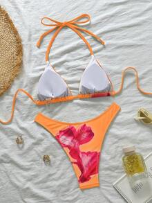 女士芙蓉花印花橙色泳衣，适合夏季泳池、海滩等各种场合，简约优雅的花卉装饰比基尼沙滩装 - 橘色 - 查看 4