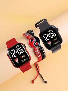 4 Pieces/Set, Heart-Shaped Cartoon/Digital Electronic Watch And Tai Chi Bracelet Gifts, Suitable For Valentine's Day, Christmas Gifts, Graduation Gifts, And Perfect For Daily Wear.