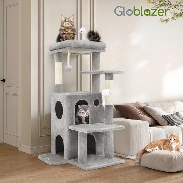 The CT51FC Cat Tower Is 128cm Tall And Has A Slim, Compact Design. It Is Perfect For Large Cats Or Multiple Cats. It Comes With A Cat House, Observation Platform, Natural Scratching Post, And Pompom Toy. It Is Extremely Stable And Perfect For Lack Of Exercise And Stress Relief.
