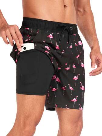 XS-XXL Men's Beach Shorts Summer Flamingo Print Fashion Tropical Double-Layer Board Shorts Men Swim Trunks With Compression Stylish And Cool Drawstring Leisure Shorts For Beach / Sports,Hawaiian