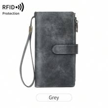 Nueva cartera larga de triple pliegue con tecnología RFID para comercio transfronterizo, cartera vintage multifunción para dama, de unicolor, con gran capacidad